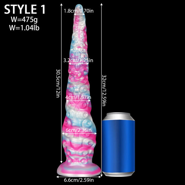 Multicolored ribbed tentacle anal dildo shown upright beside a can for scale