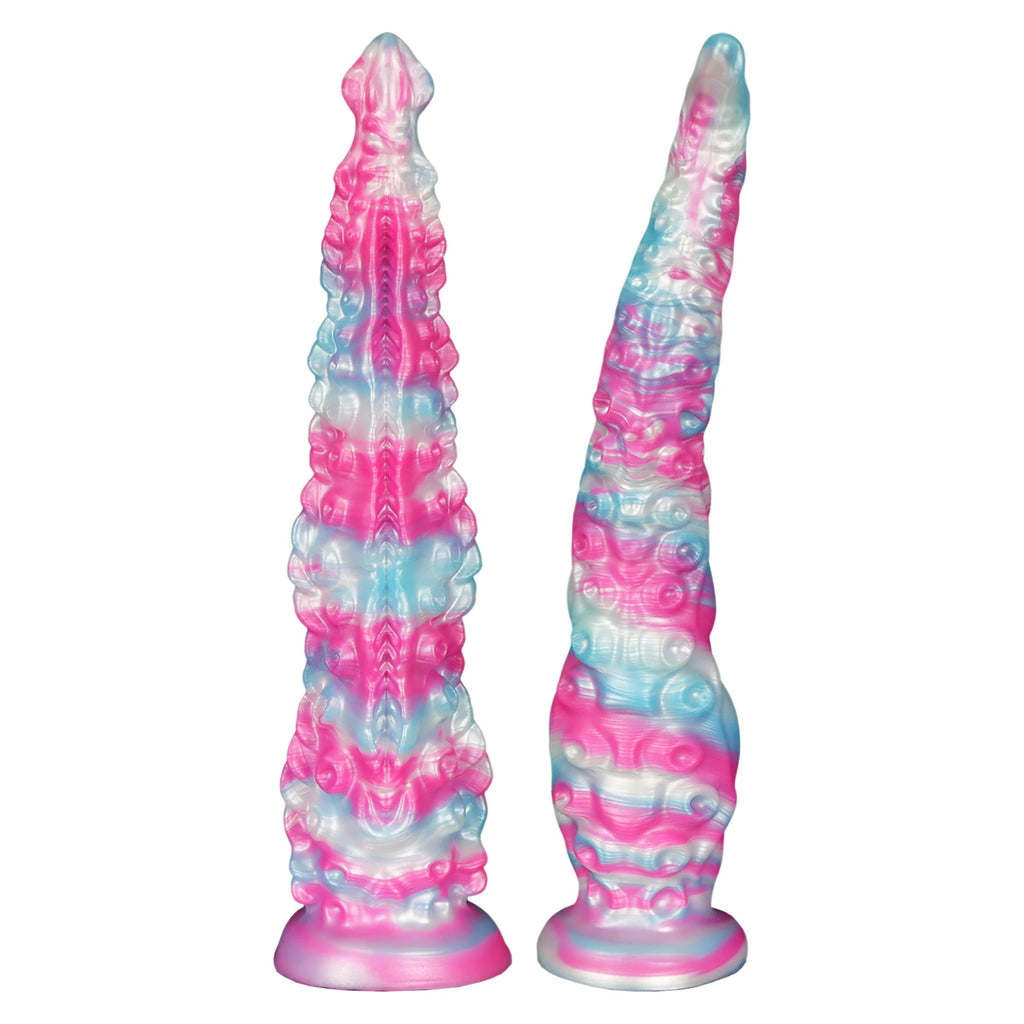 Two pink, blue, and translucent tentacle-textured anal dildos shown upright on suction bases