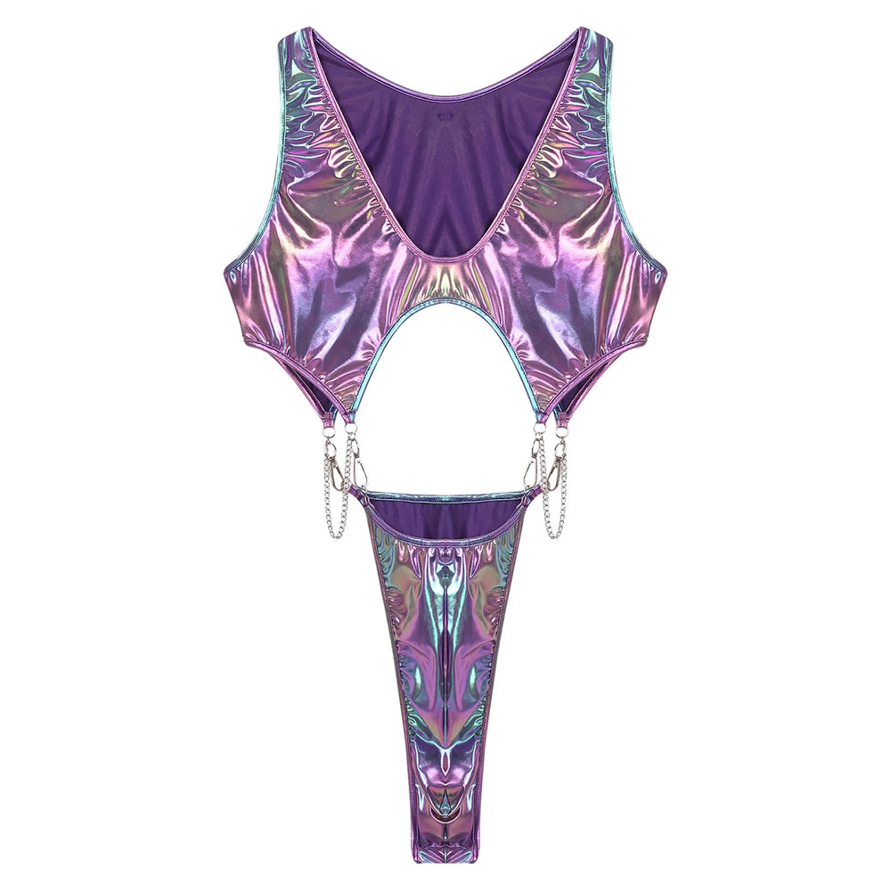 Front view of a purple iridescent cutout bodysuit with chain details and thong bottom