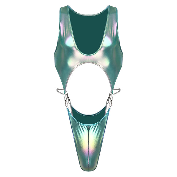 Front view of a metallic teal cutout thong bodysuit with chain connectors