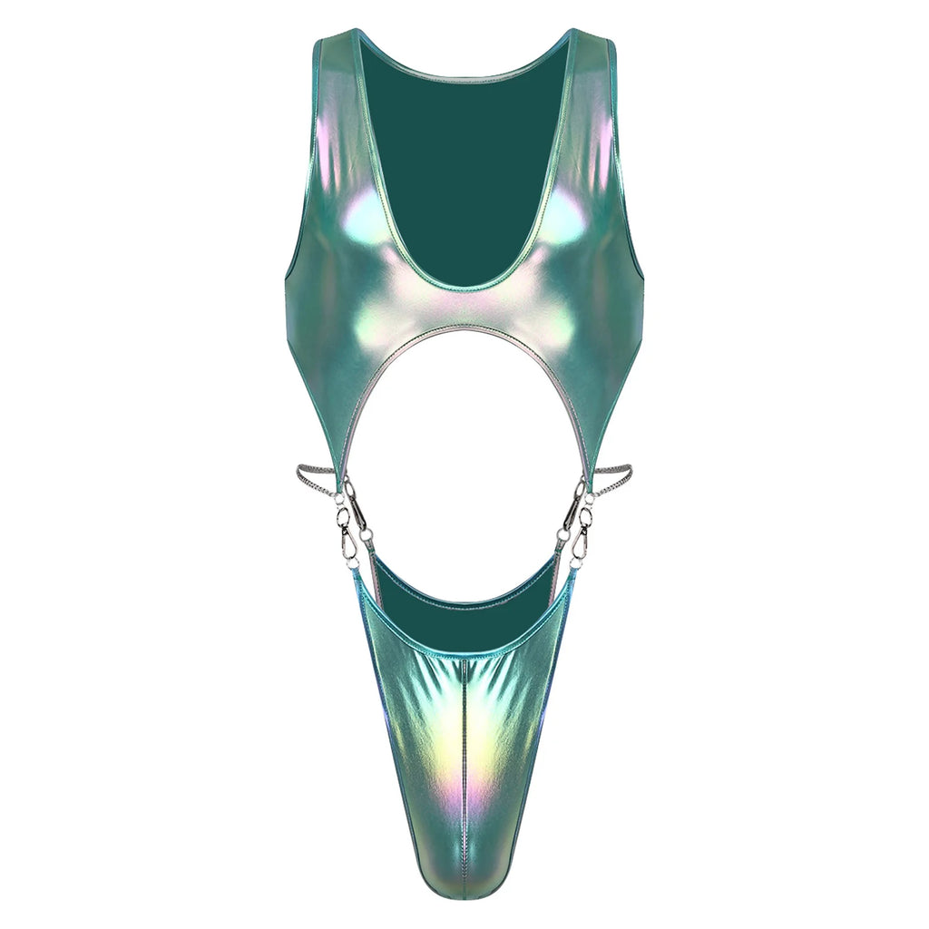 Front view of a metallic teal cutout thong bodysuit with chain connectors
