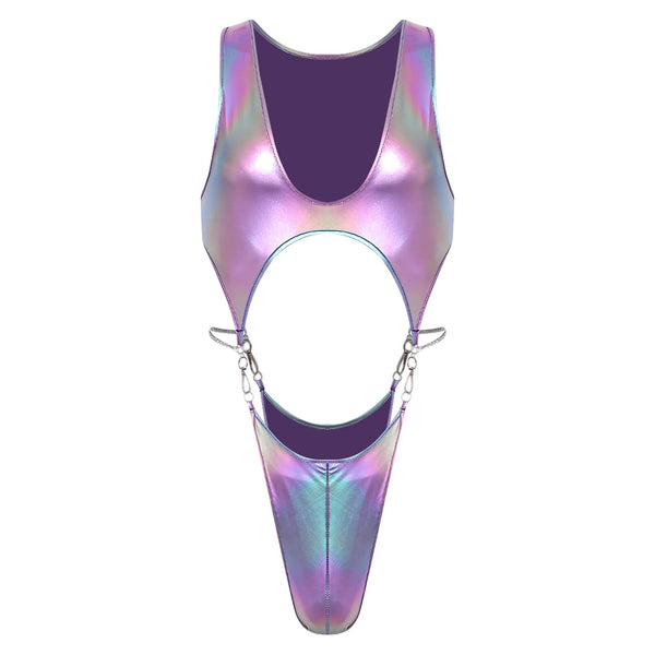 Front view of an iridescent purple bodysuit with a deep scoop neck and chain-linked thong sides
