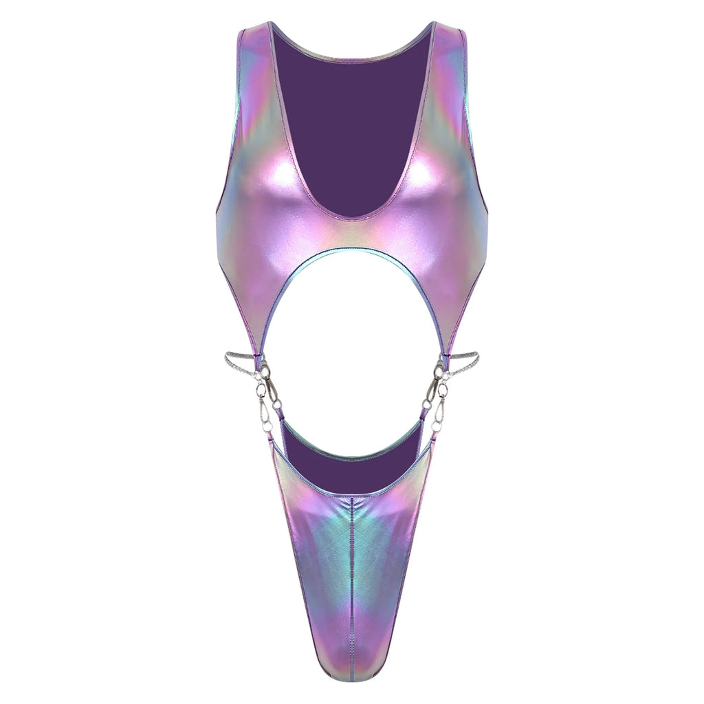 Front view of an iridescent purple bodysuit with a deep scoop neck and chain-linked thong sides