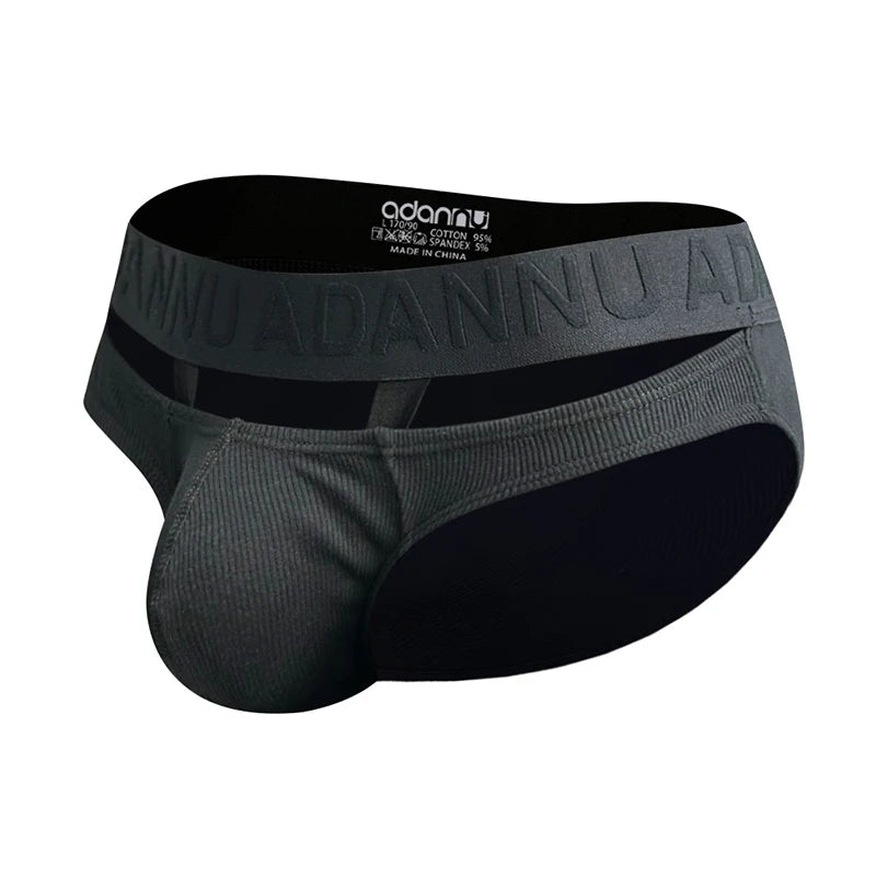 Front three-quarter view of dark gray low-rise cotton briefs with a branded elastic waistband