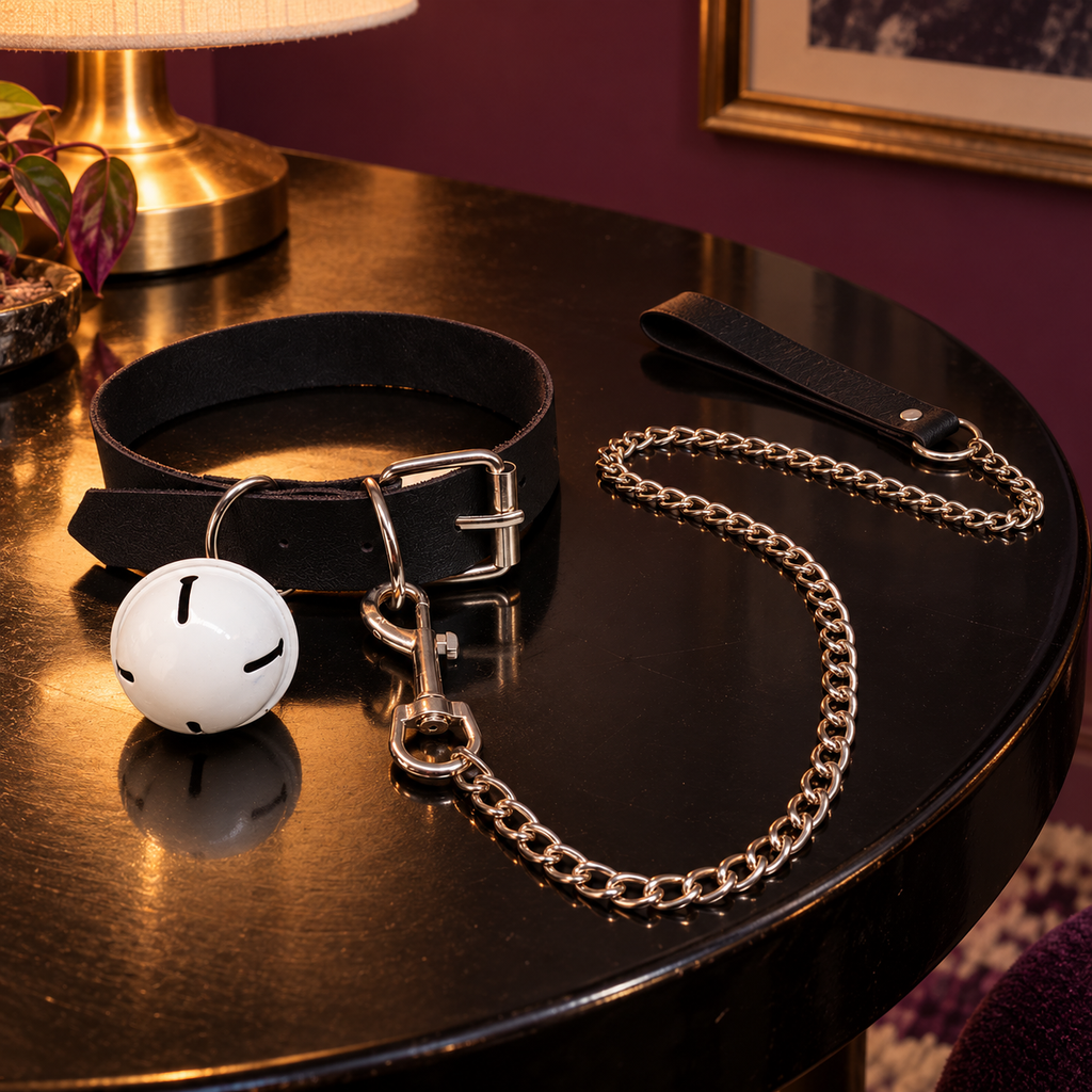 Black choker collar and leash with silver hardware arranged in a close-up product portrait.
