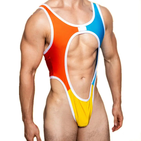 Front view of a model wearing a colorful cut-out bodysuit with orange, blue, and yellow panels