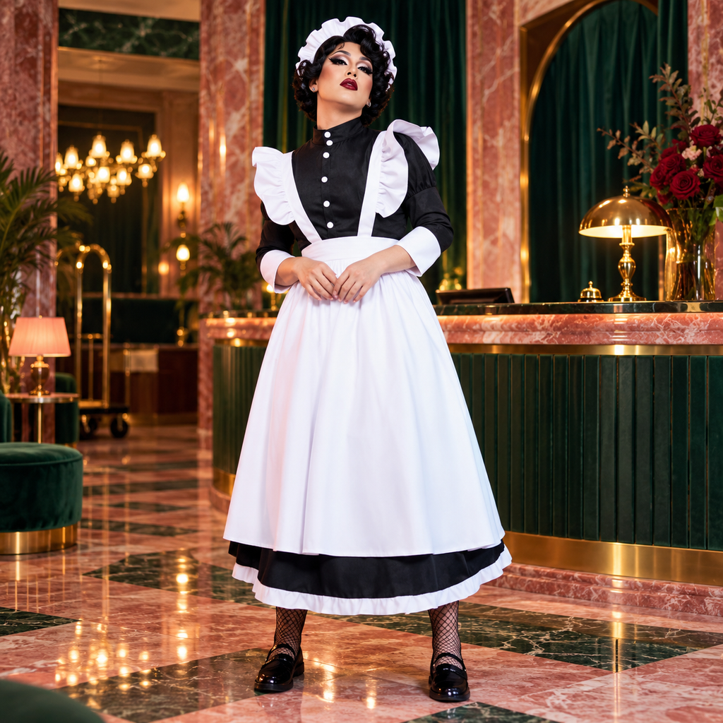 Adult performer wearing the black-and-white ruffled French maid dress with apron, white cuffs and frilled headdress.