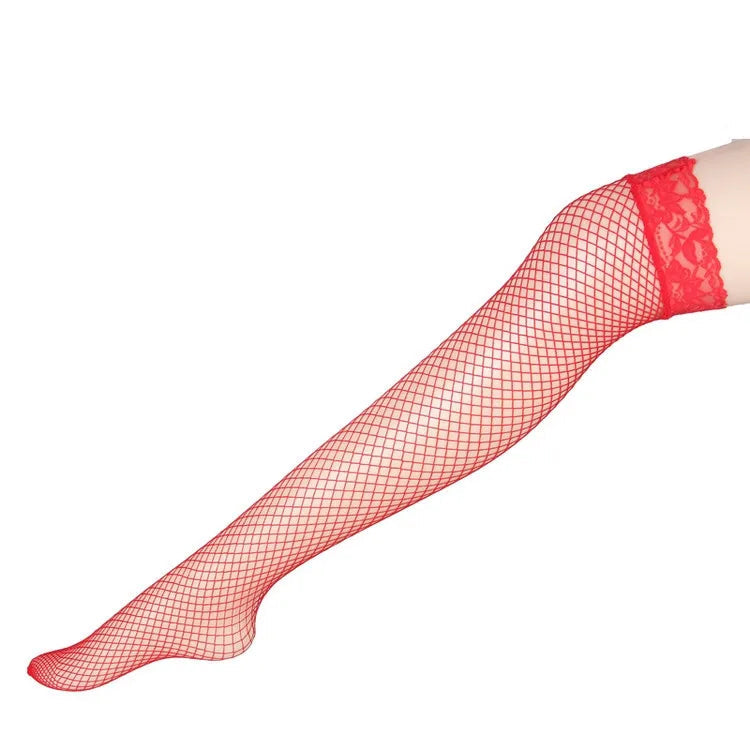 Side view of a leg wearing a red fishnet thigh-high stocking with a lace top