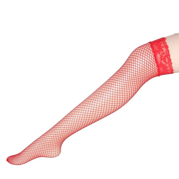 Side view of a leg wearing a red fishnet thigh-high stocking with a lace top