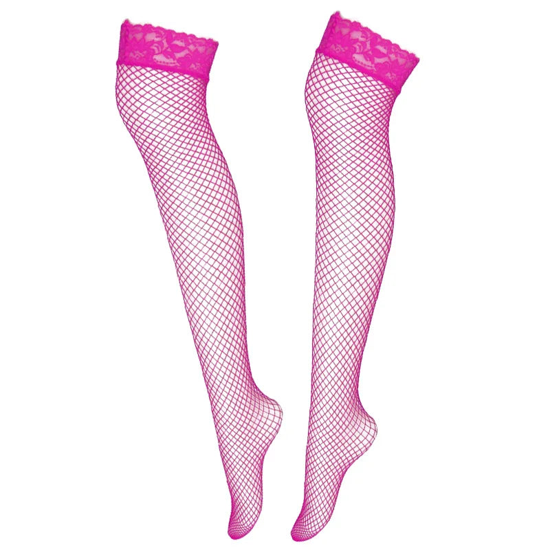 Pair of pink fishnet thigh-high stockings with wide lace tops on a white background