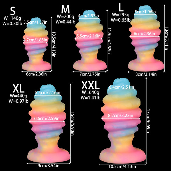 Size chart showing six rainbow-colored anal plugs in sizes S through XXL