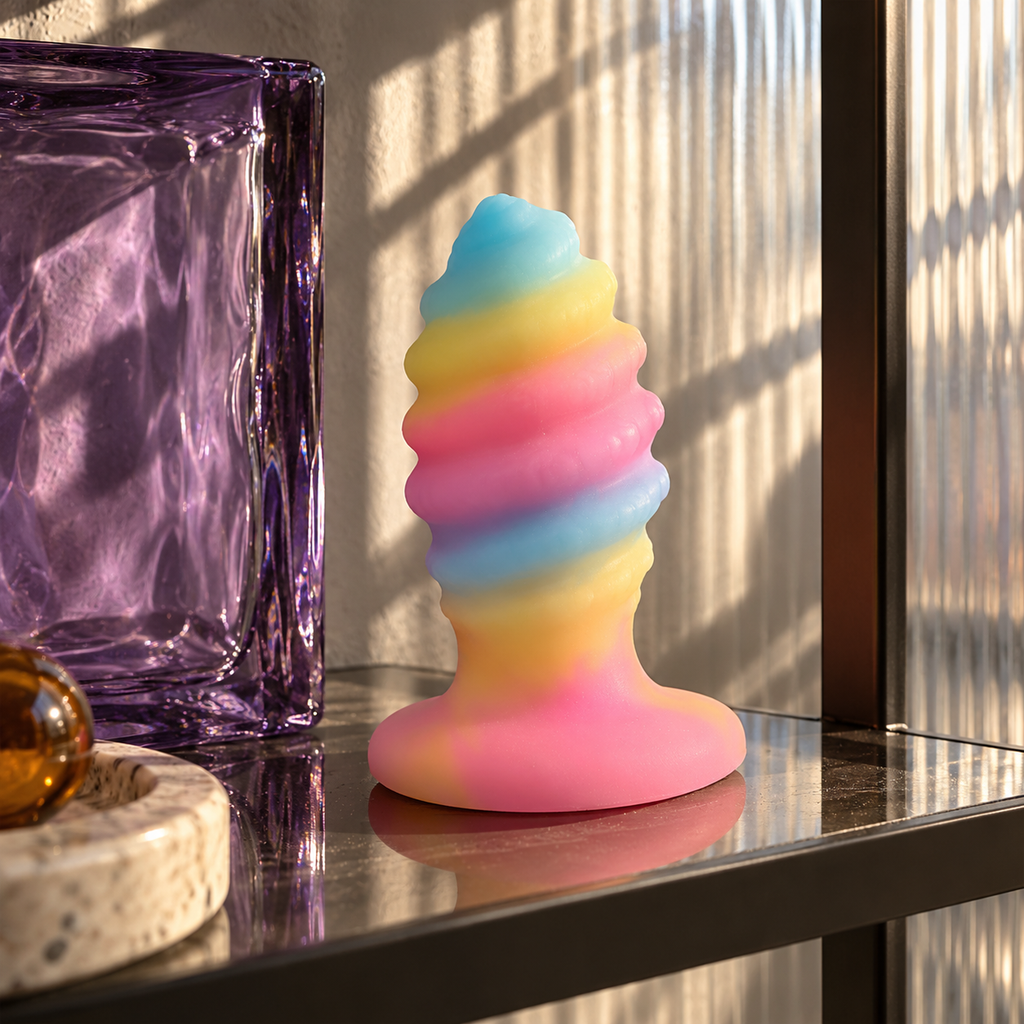 Rainbow silicone anal plug displayed on a collector’s shelf with prismatic glass accents.