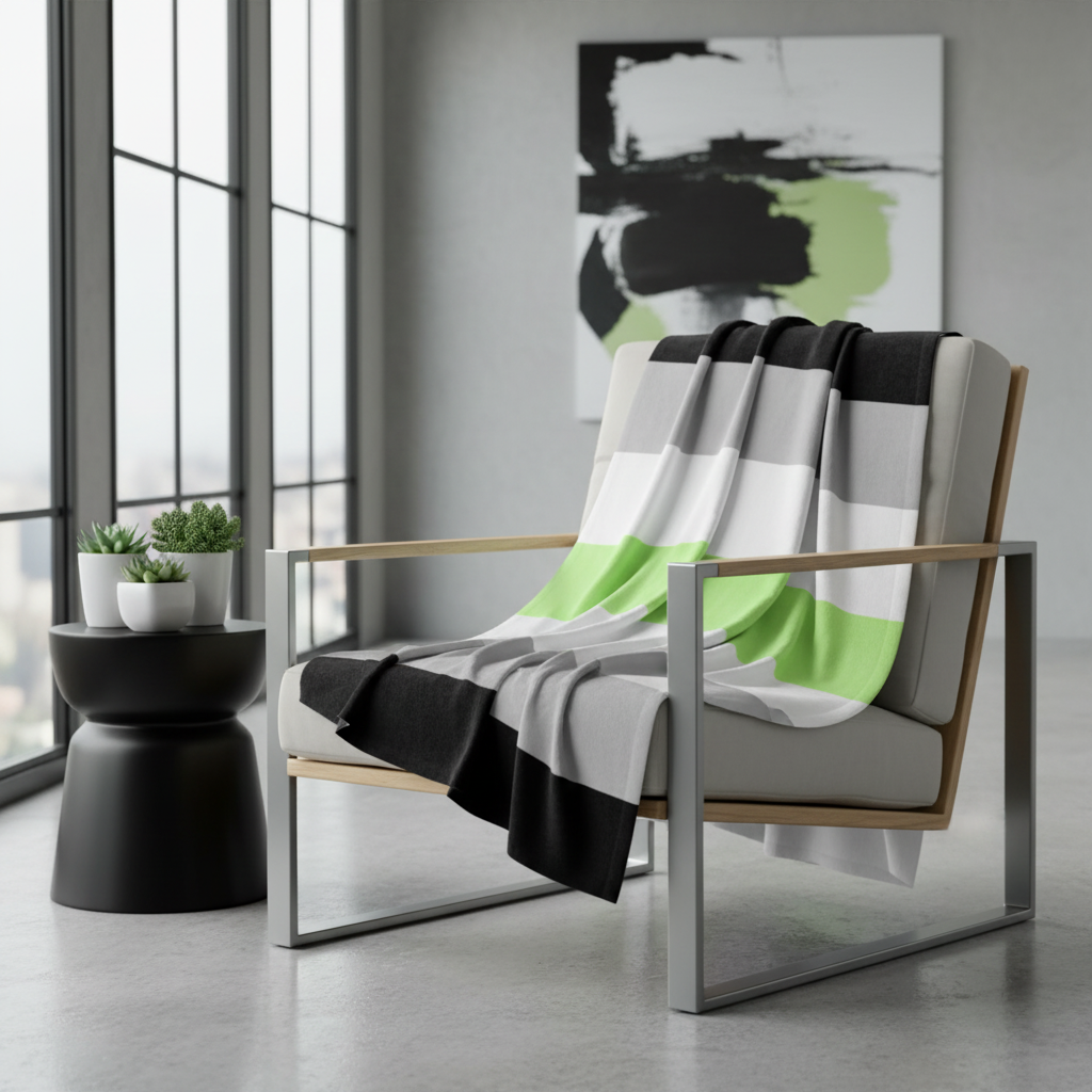 Modern armchair draped with an Agender Flag Throw Blanket in black, white, and green beside a black table