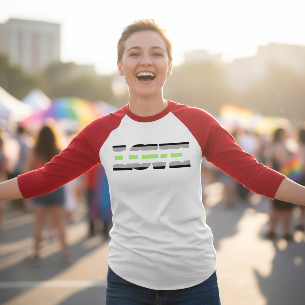 Agender Love 3/4 sleeve raglan shirt, red and white, “LOVE” in black; the “O” is agender pride stripes