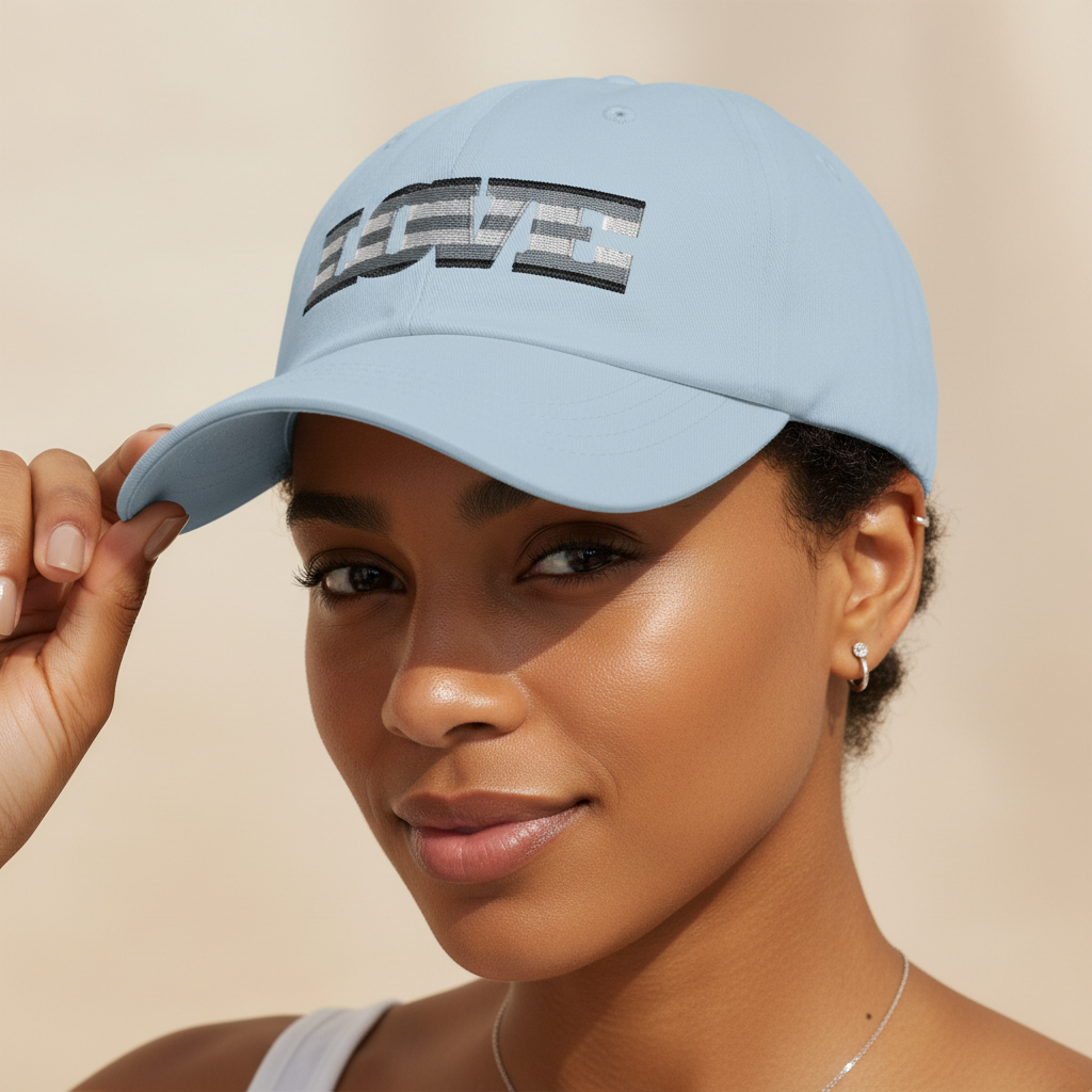 Agender Love Cap with bold black-and-white embroidered logo