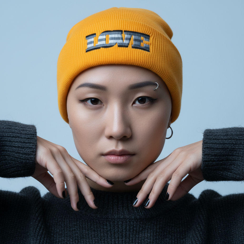 Yellow Agender Love Cuffed Beanie with “LOVE” in gray and black, worn by a person with hoop earring, nose ring, black nails