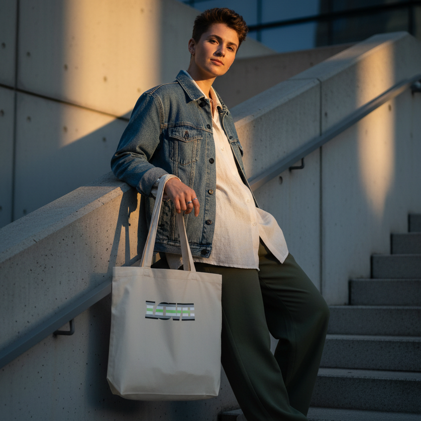 Person leaning on concrete stairs, holding a natural canvas tote with a striped logo