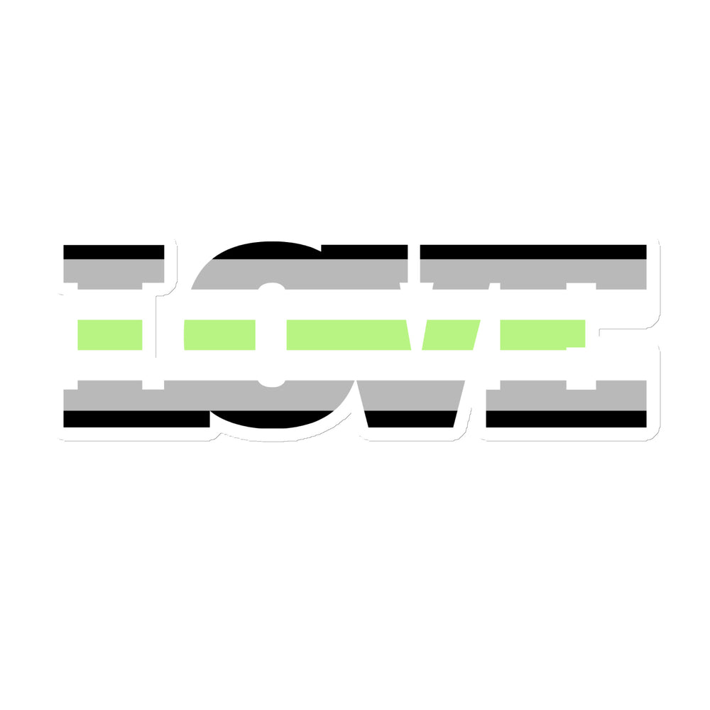 Graphic magnet spelling LOVE in black, gray, and lime-green stripes