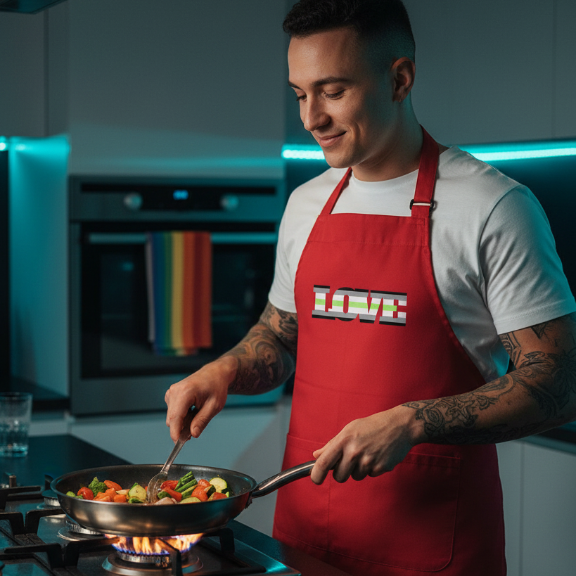 Tattooed person in a red LOVE apron stirs vegetables in a pan on a gas stove