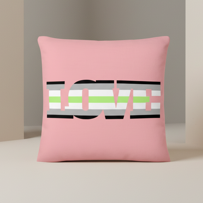 Agender Love Pillow with "LOVE" in bold black text on white, gray, and light green stripes; minimalist
