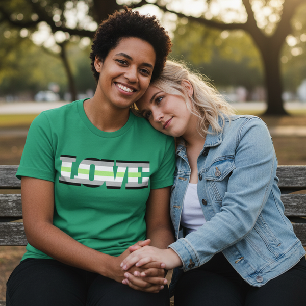 Agender Love T-Shirt with bold design worn by one person as they sit on a park bench, hand-in-hand with their partner