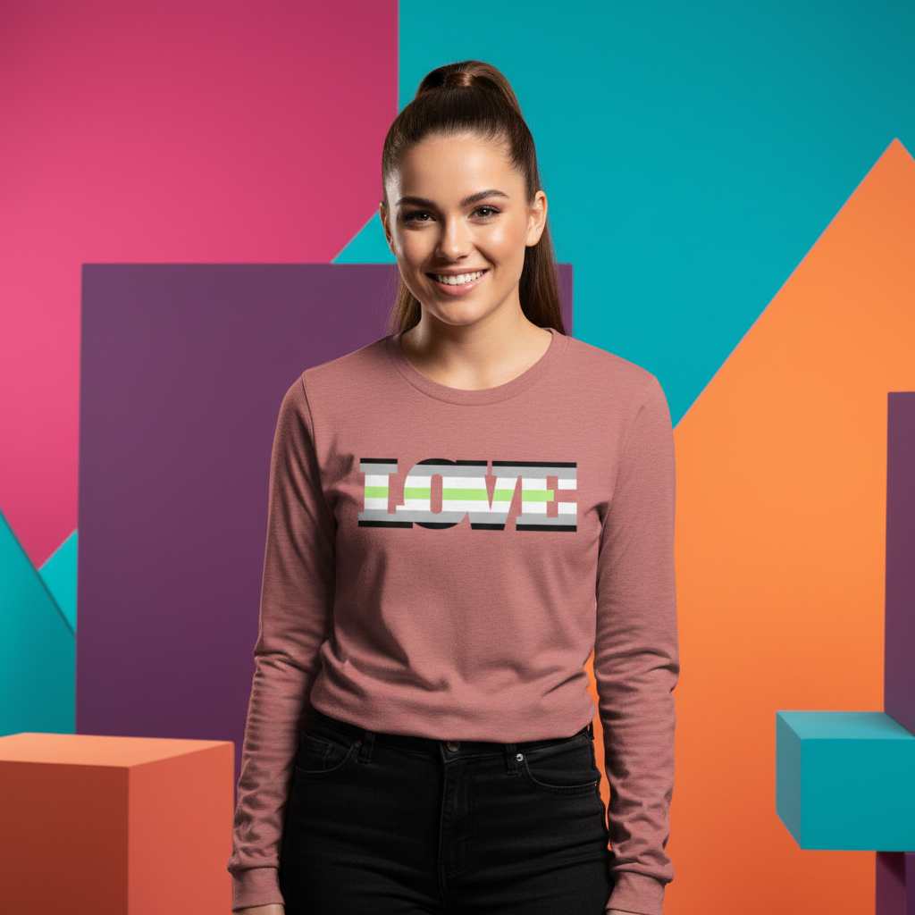 Agender Love Unisex Long Sleeve T-Shirt with rainbow-striped "LOVE" text, worn by a femme with ponytail