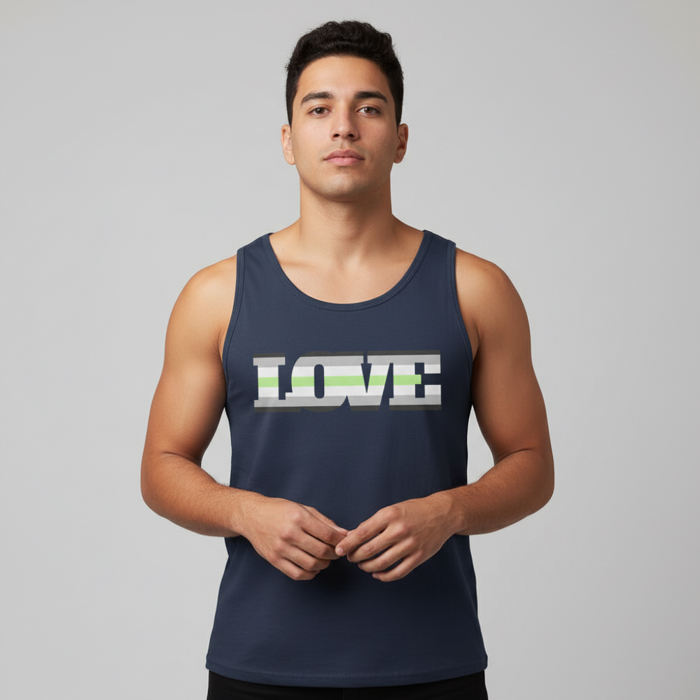 Agender Love Unisex Tank Top with bold "LOVE" in agender pride colors—white, grey, green—modeled by a young man, queer vibes.