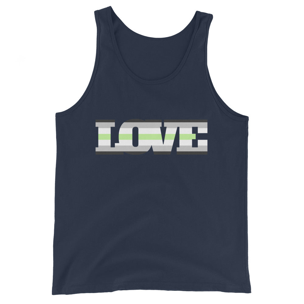 Front view of a navy tank top with striped block letters spelling LOVE