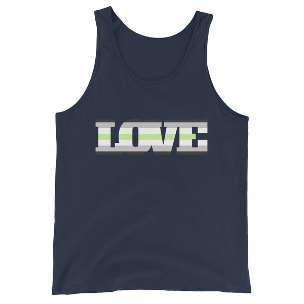 Front view of a navy tank top with striped block letters spelling LOVE