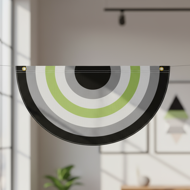 Hanging semicircular agender pride bunting with black, gray, white, and lime-green rings