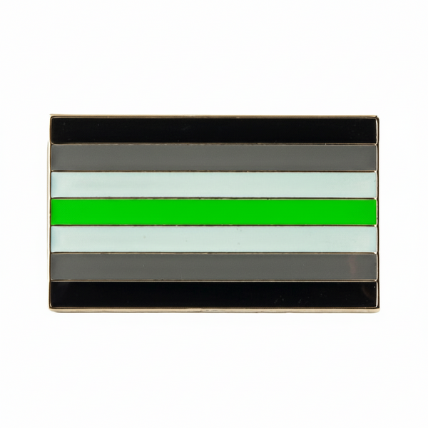 Rectangular enamel pin showing horizontal black, gray, white, and bright green stripes