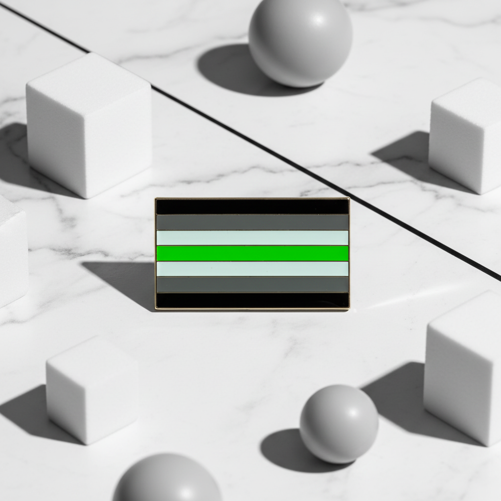 Rectangular agender pride flag enamel pin with black, gray, white, and green stripes on marble