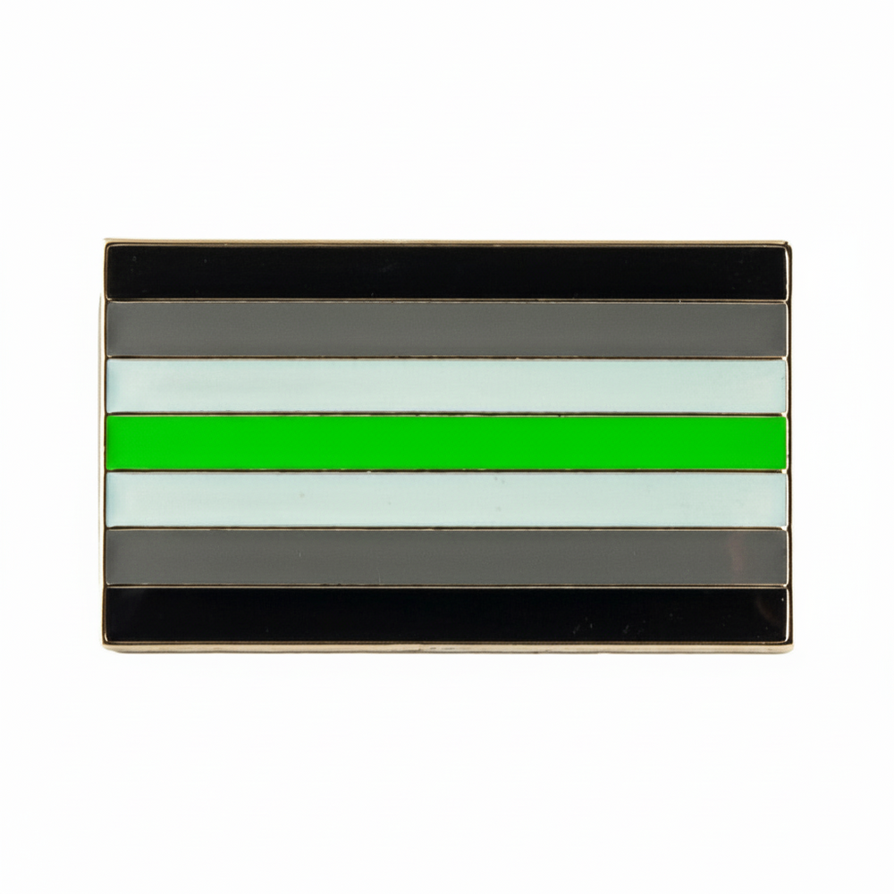 Rectangular enamel pin showing horizontal black, gray, white, and bright green stripes