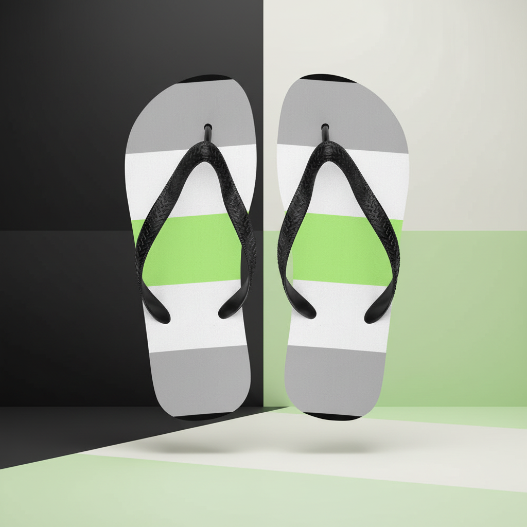Pair of black-strap flip-flops floating upright, with gray, white, and bright green striped footbeds