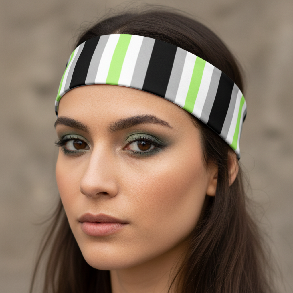 Agender Pride Headband with black, white, gray, and neon green stripes, worn by a femme with green eyeshadow