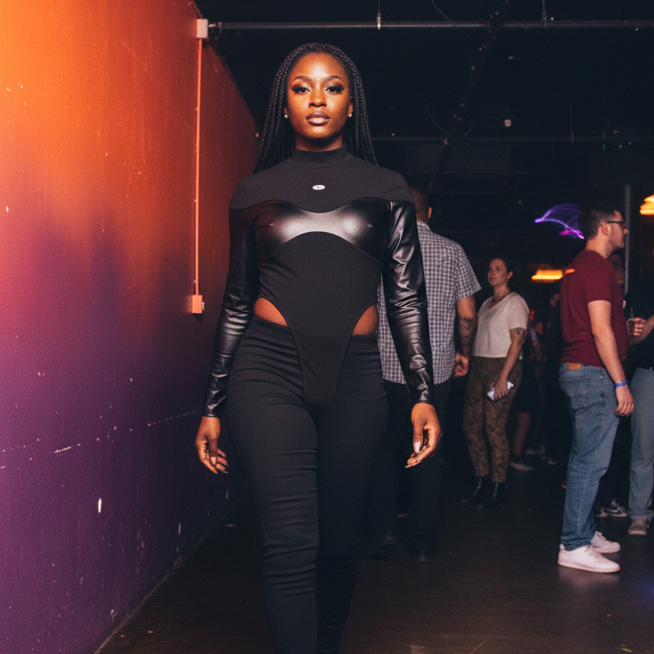 Model wearing a black cutout bodysuit with faux-leather sleeves in a dim club