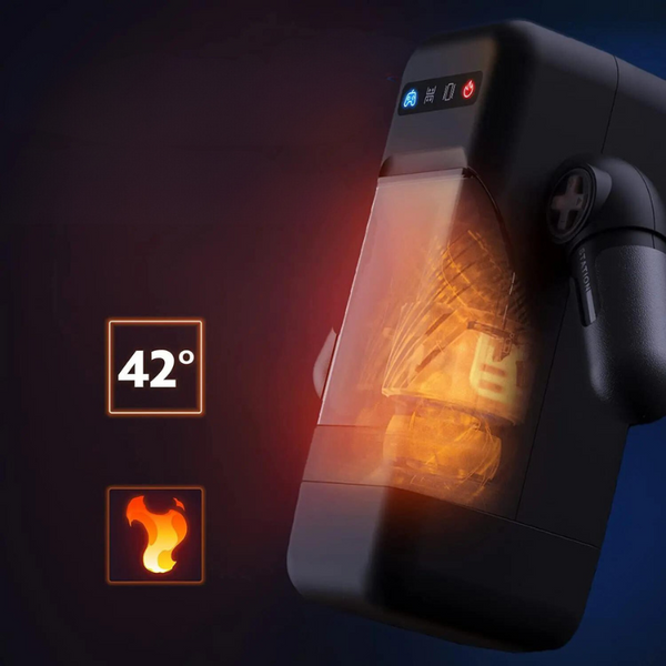 Angled view of a black automatic blowjob machine glowing orange, marked 42°