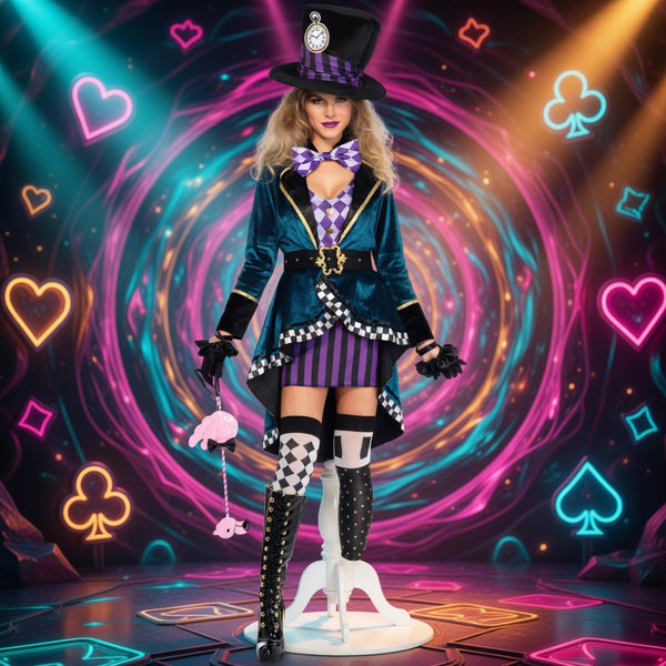 Alice in Wonderland costume with a velvet teal jacket, striped purple skirt, checkerboard stockings, clock hat