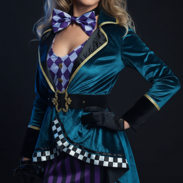 Teal velvet Alice in Wonderland costume with purple harlequin bodice, bow tie and checkerboard trim