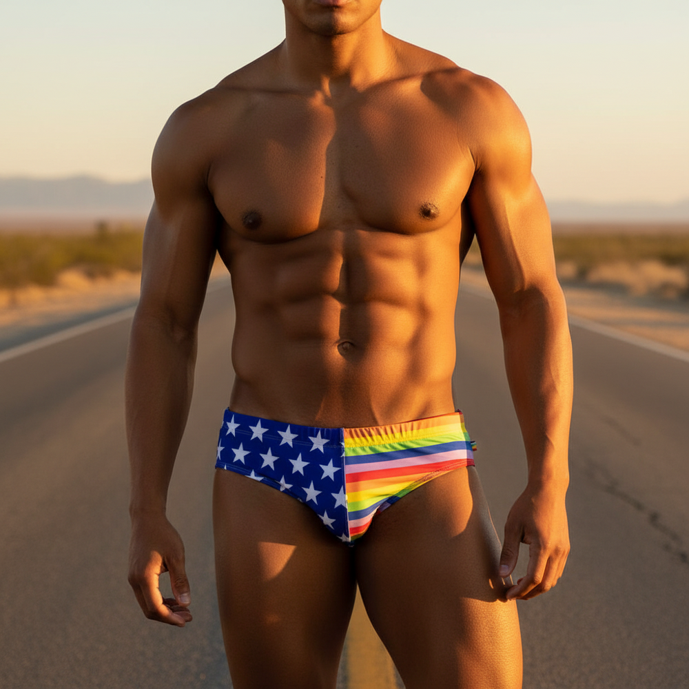 A shirtless, muscular person in All American Queer Swim Briefs stands at sunset on a desert road