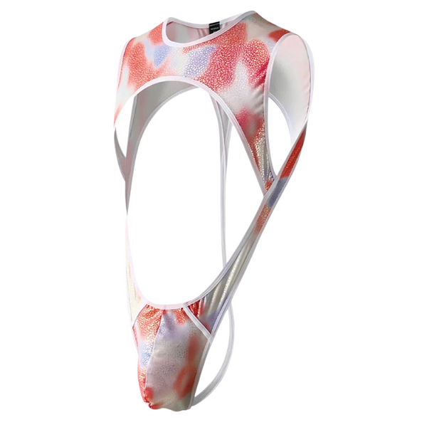 White jockstrap bodysuit with red and blue glitter-patterned panels and cutout straps