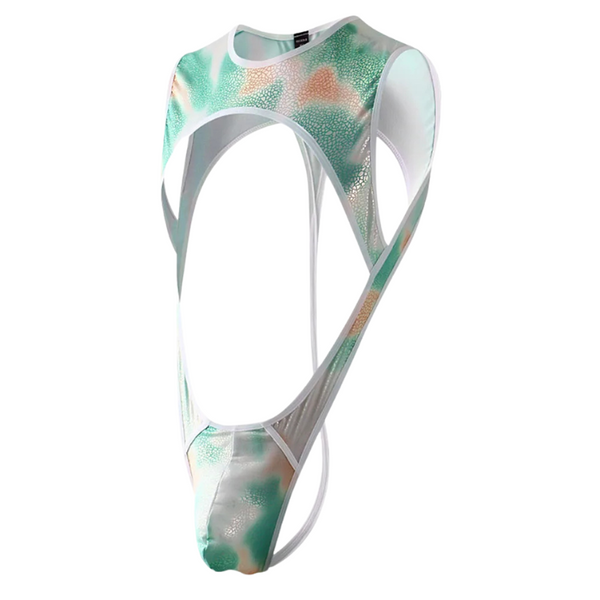 Iridescent green and peach jockstrap bodysuit with dramatic open sides
