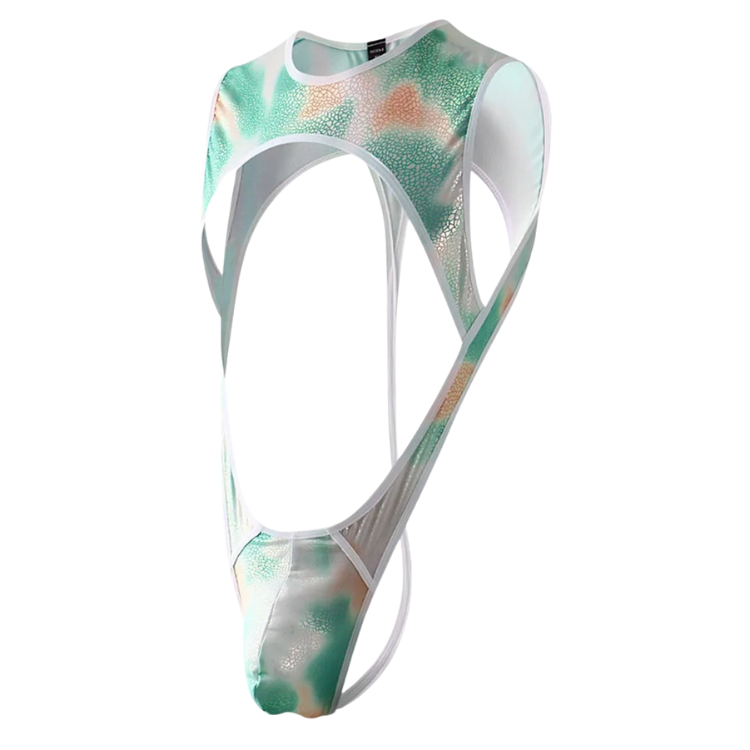 Iridescent green and peach jockstrap bodysuit with dramatic open sides