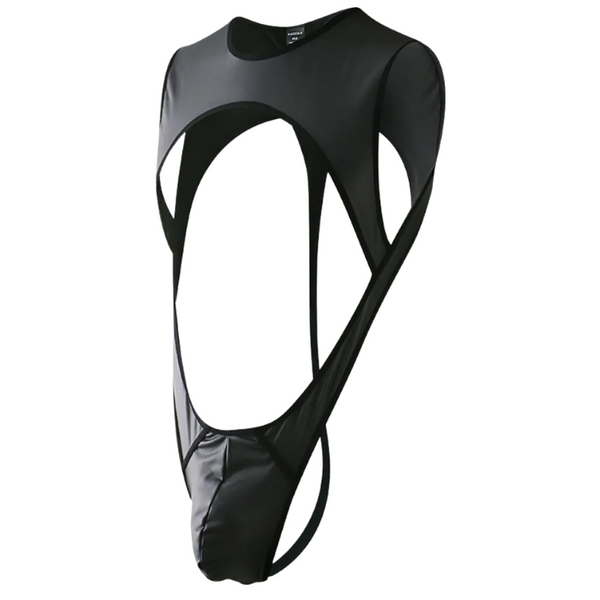 Black faux-leather jockstrap bodysuit with large open cutouts and long side straps