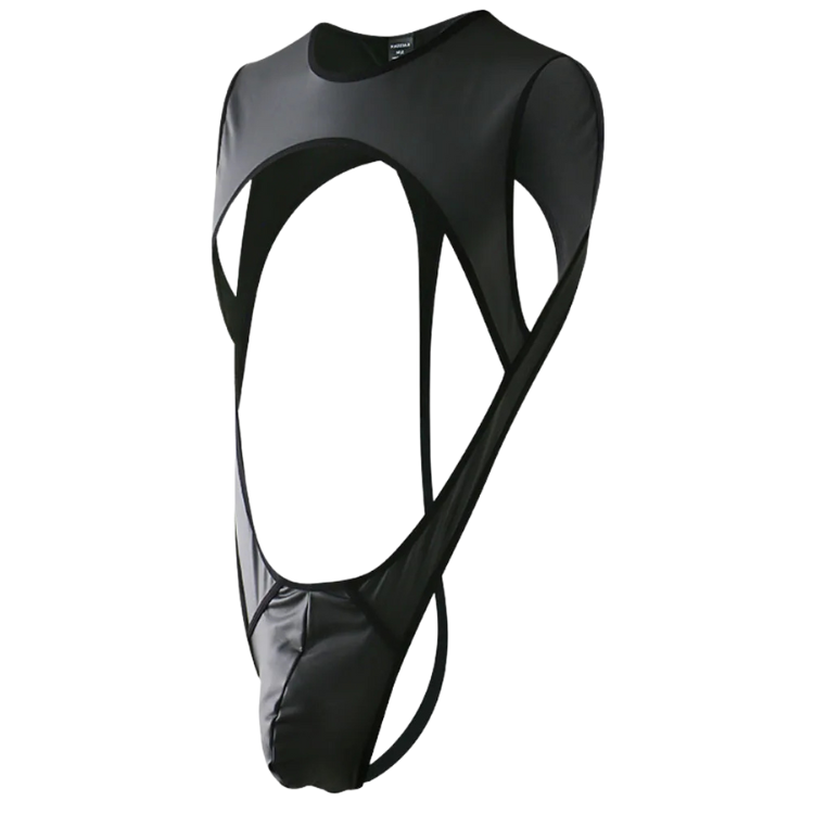 Black faux-leather jockstrap bodysuit with large open cutouts and long side straps