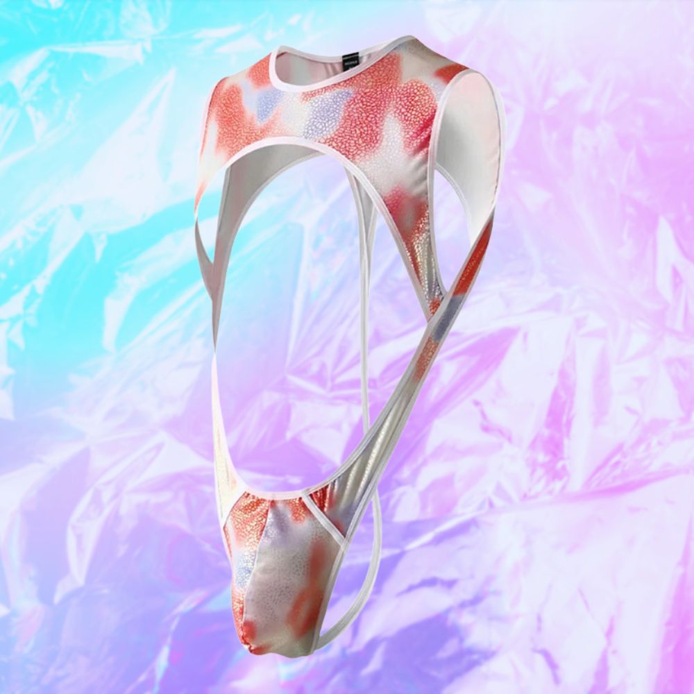 Futuristic All Eyes On Me Jockstrap Bodysuit with large cut-outs, metallic fabric, enhancing body contours