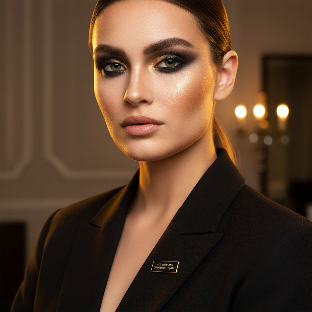 Model wearing a black blazer with an enamel pin reading “ALL MEN ARE CREMATED EQUAL”
