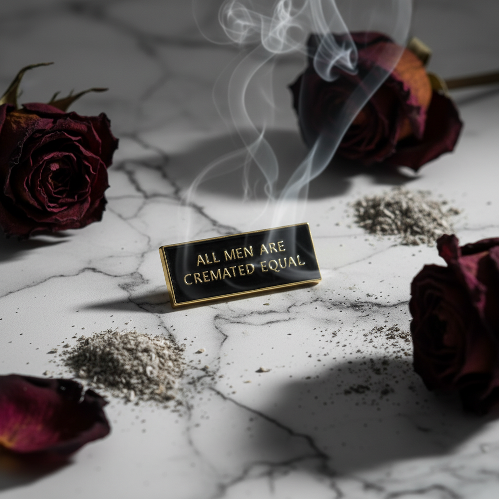 Close-up of a black enamel pin reading “ALL MEN ARE CREMATED EQUAL,” framed by roses and ashes