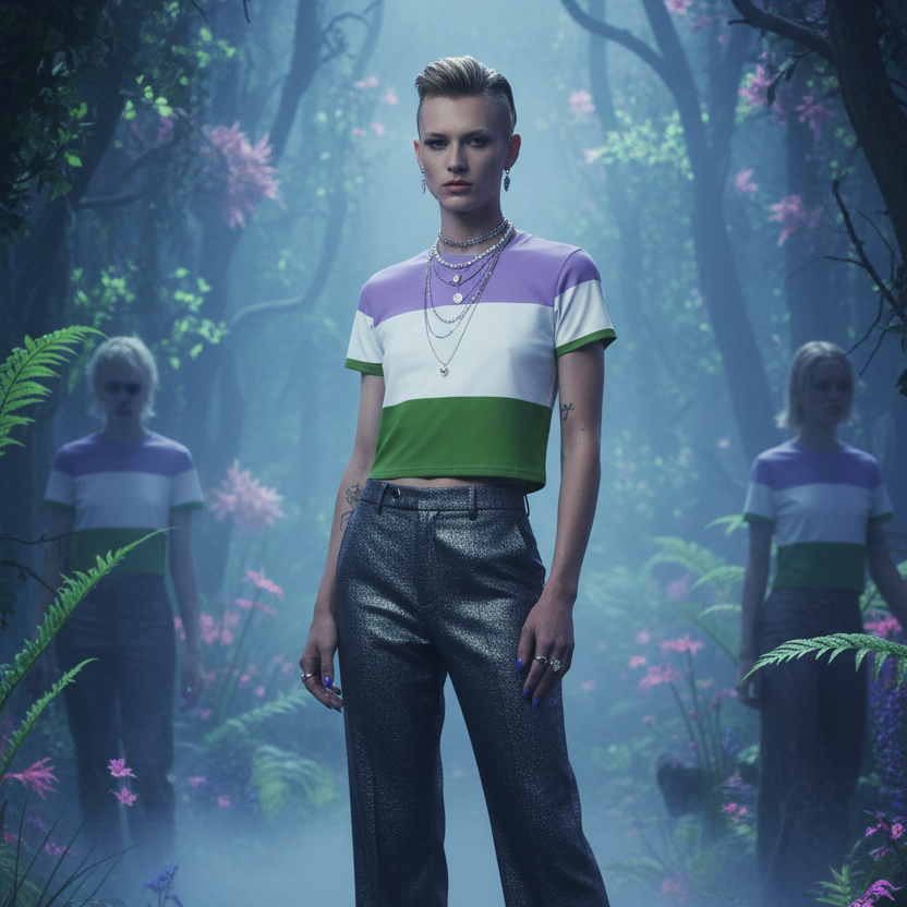Model wearing Genderqueer Pride crop T-shirt with lavender, white and green stripes and gender symbol in forest