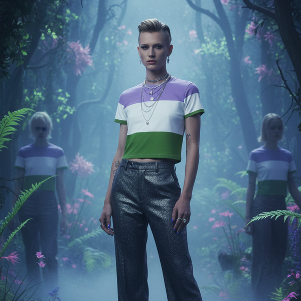 Model wearing Genderqueer Pride crop T-shirt with lavender, white and green stripes and gender symbol in forest